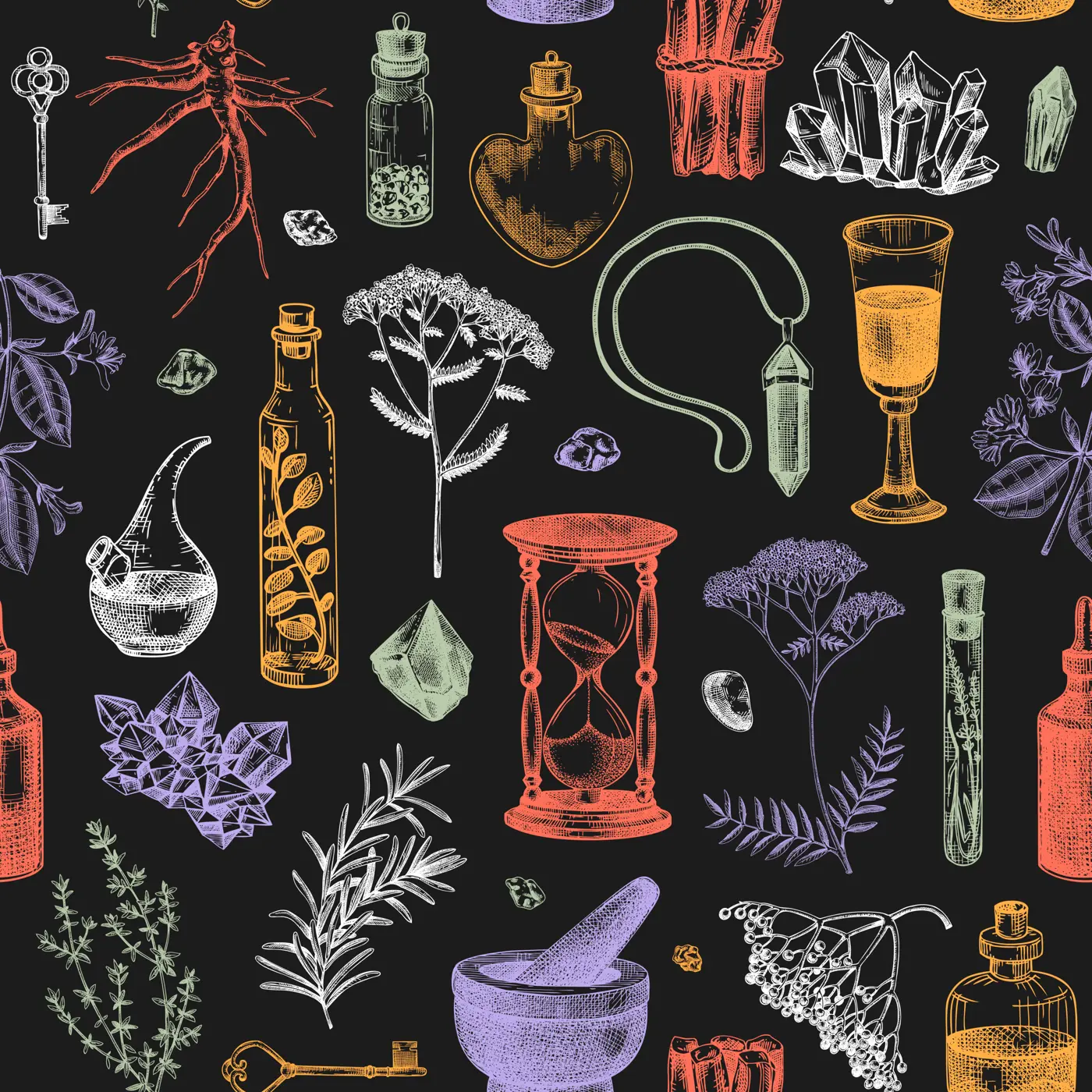 Herbal medicine ingredients background. Apothecary herbs seamless pattern. Alchemy hand-drawn vector illustrations.  NOT AI generated Illustration